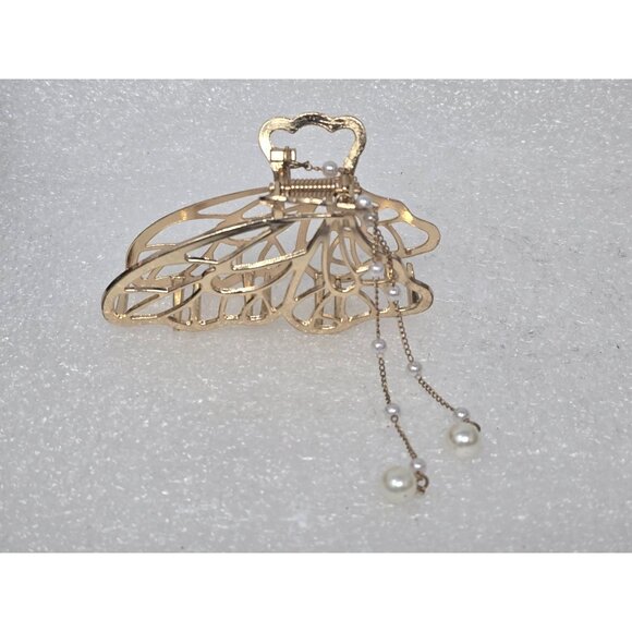 Elegant Gold Tone Butterfly Hair Claw Clip With Faux Pearl Dangling Chains - Picture 1 of 4